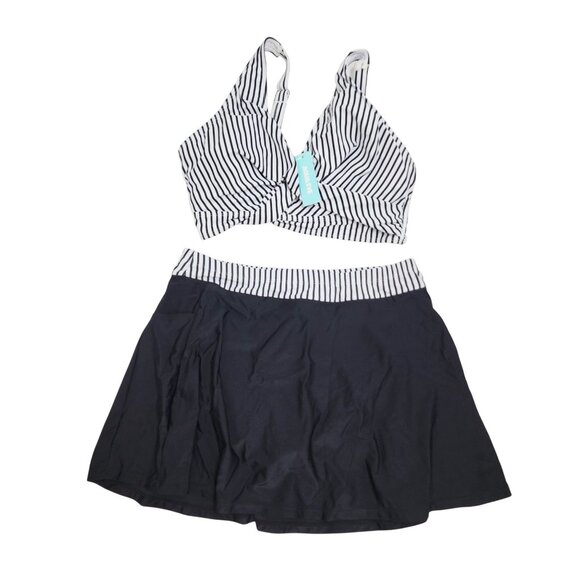 Striped Bikini Top & Skirt Swimwear Set By Aqua Eve Black & White Size L - Picture 1 of 7